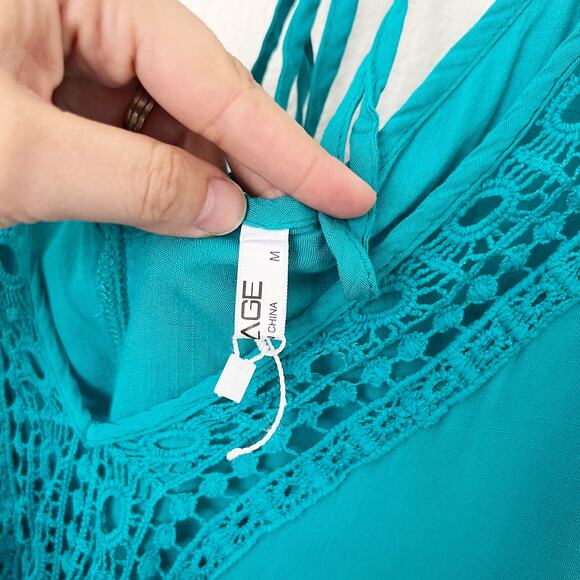 [Aimage] Teal V-Neck Crochet Lace Tasseled Side Slits Swim Coverup Sz Medium M - Picture 12 of 12